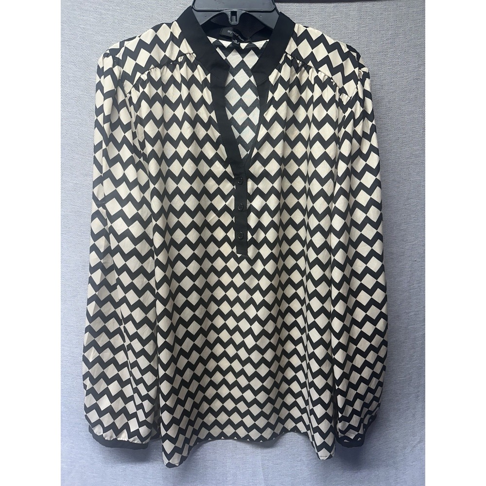 SPENSE Black White Geometric Blouse Womens Large Roll Tab Sleeve Career Top